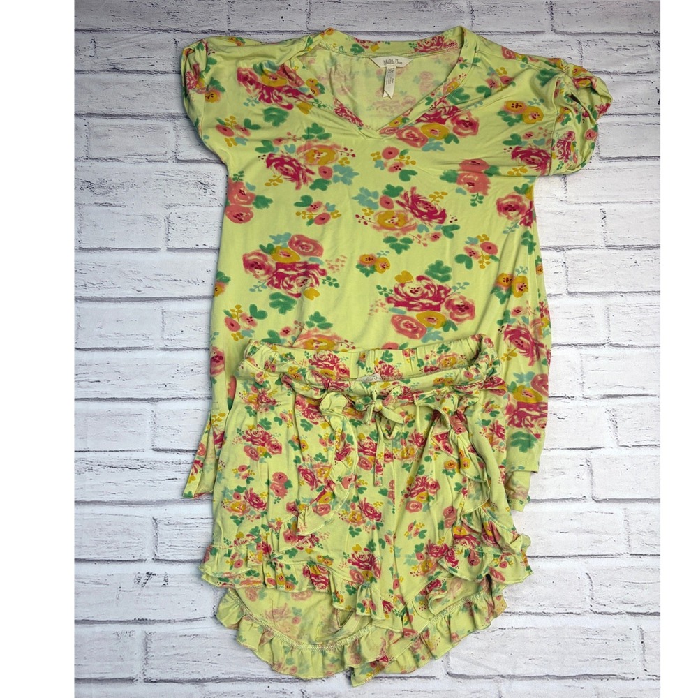 Matilda Jane Women Yellow Floral Modal Pajama Set Ruffle Shorts Top XS